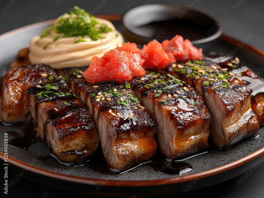 Glazed Meat, Sesame, Sauce, Garnish Glazed Meat, Sesame, Sauce, Garnish
