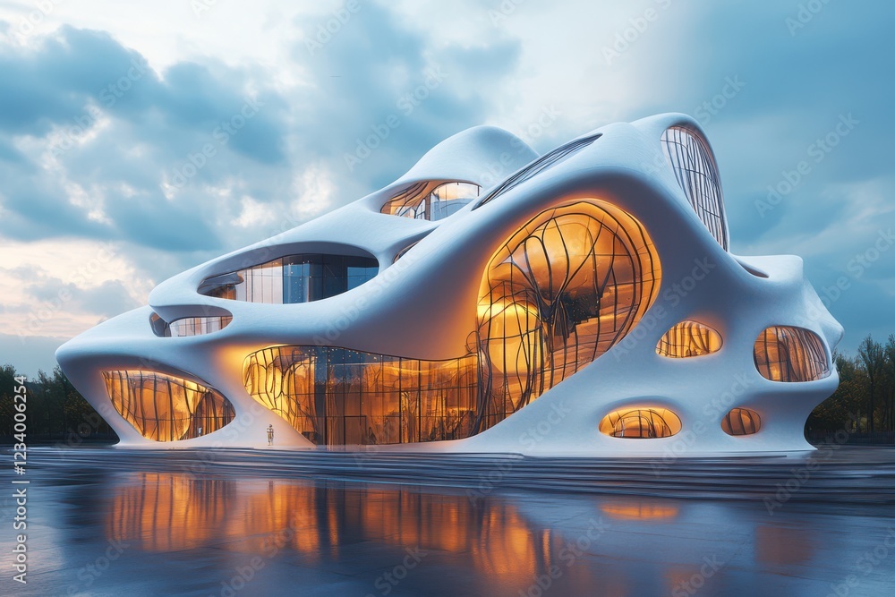 Futuristic building design organic architecture modern structure illuminated windows Futuristic building design organic architecture modern structure illuminated windows