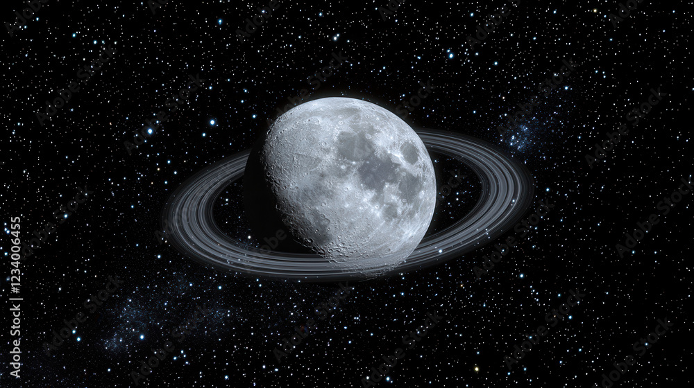 Obraz premium Celestial Convergence: A mesmerizing cosmic tableau depicts a majestic, ringed planet adorned with the luminous presence of the Moon, set against a backdrop of glittering stars.