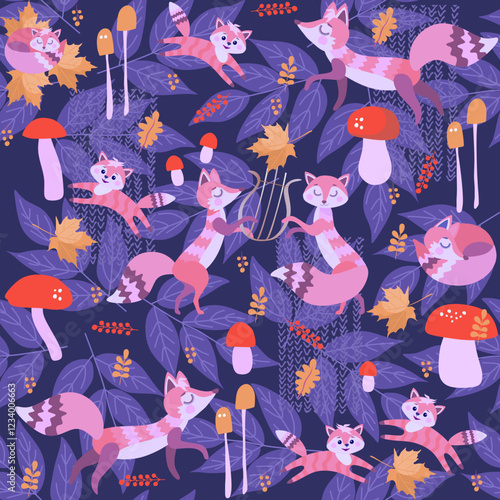 Cute seamless pattern with fairytale foxes in autumn forest