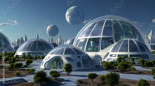 Fototapeta Naklejka Na Ścianę i Meble -  Futuristic space colony on an alien planet.  Dome-shaped buildings with solar panels, lush greenery, and two moons in the sky. Advanced technology and sustainable living.