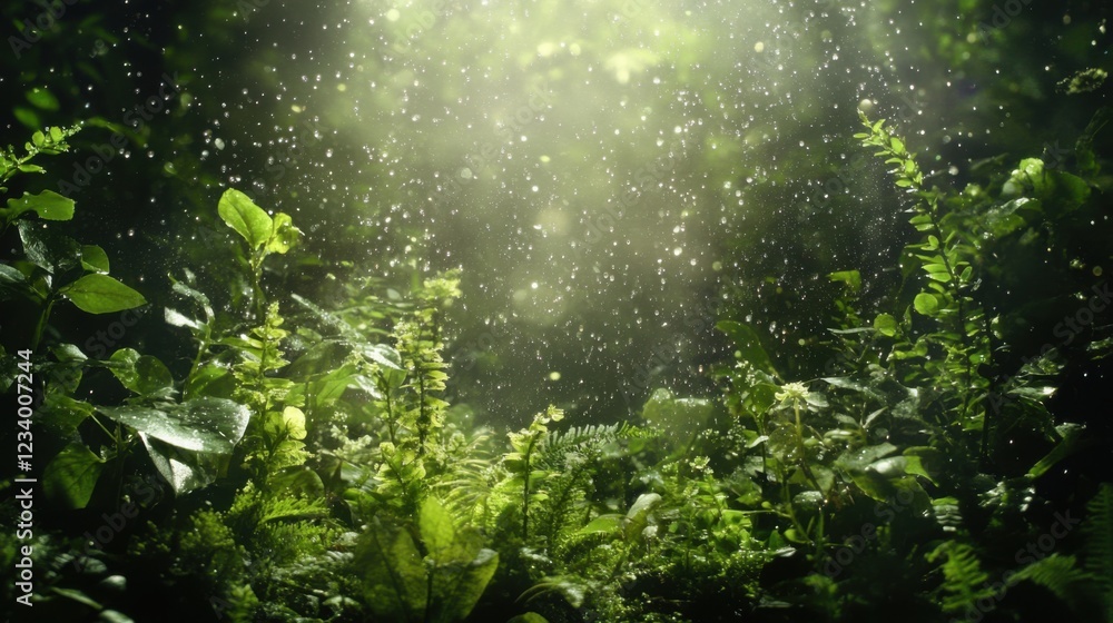 Fototapeta premium Tranquil Green Forest Scene with Raindrops and Soft Light Effects