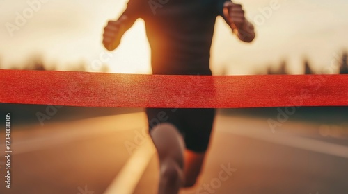 Runner Breaking Finish Line Ribbon at Sunset with Vibrant Backdrop