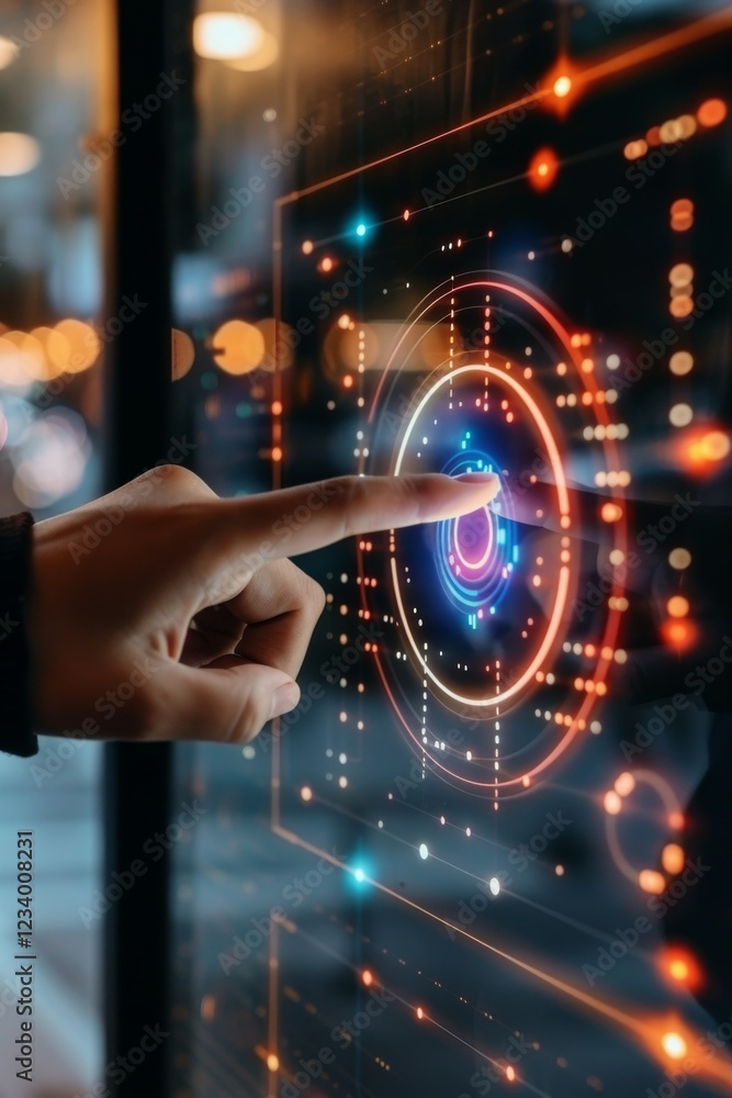Fototapeta premium Digital analytics data visualization. Big data. Network connection. Artificial intelligence technology. Digital tech. Hand typing, gesturing. Touchscreen. Holographic display. 