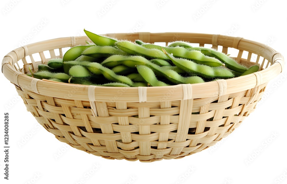 Edamame in a bamboo basket, isolated on a white background, in a simple style. PNG format, no shadow, cute. Edamame in a bamboo basket, isolated on a white background, in a simple style. PNG format, no shadow, cute.