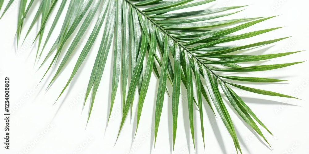 Fototapeta premium A vibrant green palm leaf elegantly unfurls against a pristine white backdrop, its edges gracefully sweeping left while arching subtly to the right. Its natural texture and symmetry evoke a serene, tr