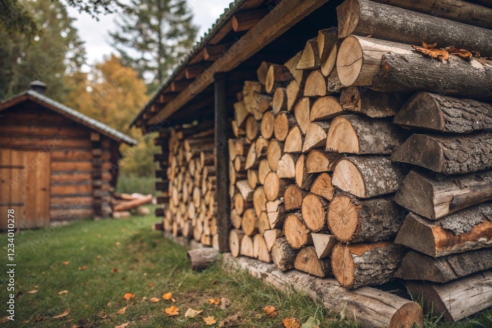 Stacked firewood beside wooden shed in autumn forest setting Stacked firewood beside wooden shed in autumn forest setting