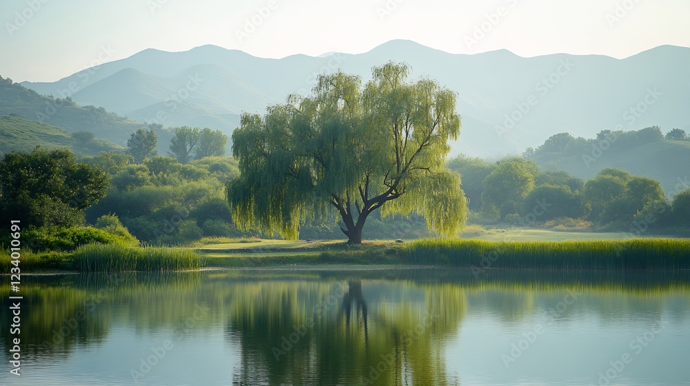 Serene Willow Tree Reflects in Calm Lake at Dawn. AI Generated Serene Willow Tree Reflects in Calm Lake at Dawn. AI Generated