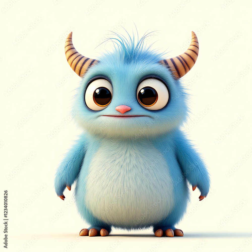 Obraz premium Adorable Blue Furry Monster with Horns: A 3D Rendered Cartoon Creature