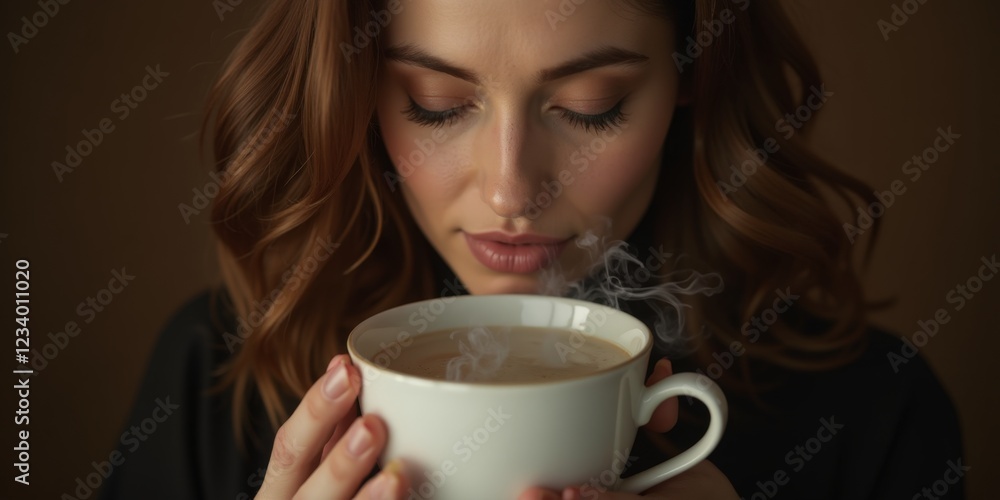 A serene moment captured: a woman closes her eyes, cradling a steaming white mug of coffee at her cheek. The elegant handle rests toward the right A serene moment captured: a woman closes her eyes, cradling a steaming white mug of coffee at her cheek. The elegant handle rests toward the right