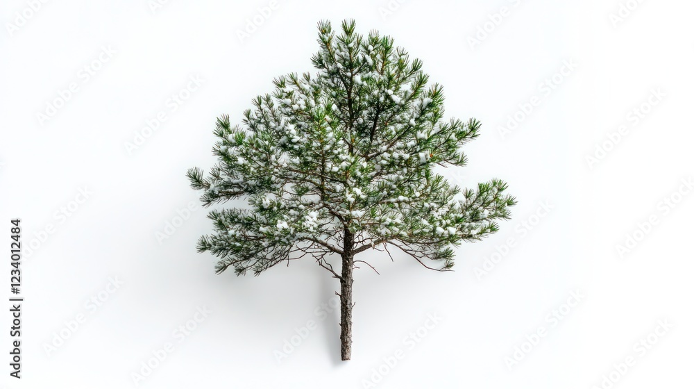 Obraz premium Snowy pine tree on white background, winter scene, nature photography, holiday card