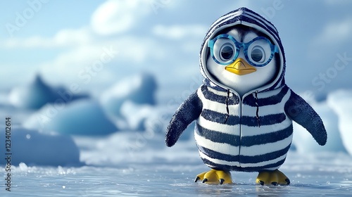 A funny penguin wearing a striped hoodie and quirky glasses, waddling on ice. photo