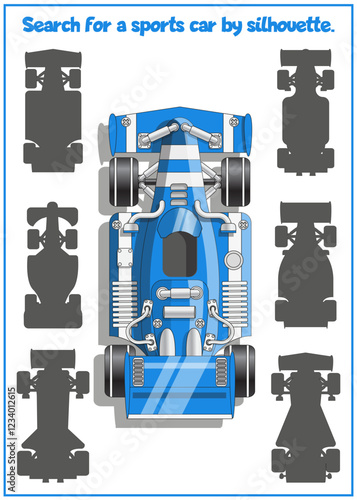 Children's game, puzzle. Search for a sports car by silhouette. View from above. Isolated on white background. Vector illustration.