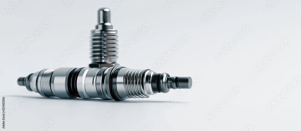 Two metal fuel injectors on a white background. Two metal fuel injectors on a white background.