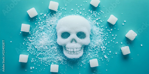 Sugar Skull Art Installation with Sugar Cubes on a Blue Background Creating a Thought-Provoking Contrast Between Sweetness and Mortality photo