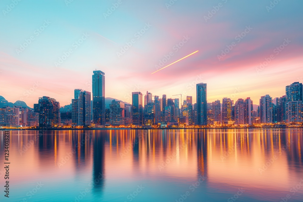 Dusk Skyline Over City with Stunning Reflections on Water Dusk Skyline Over City with Stunning Reflections on Water