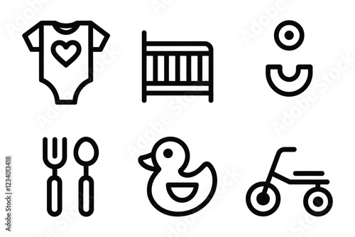 Baby and Childcare Line Icons Vector Set – Onesie, Crib, Safety Pin, Baby Utensils, Rubber Duck, Tricycle