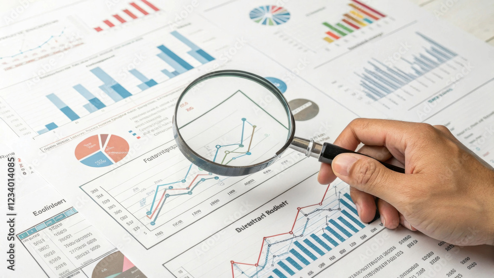 A hand holding a magnifying glass over various analytical charts and graphs showcasing data trends and statistics. A hand holding a magnifying glass over various analytical charts and graphs showcasing data trends and statistics.