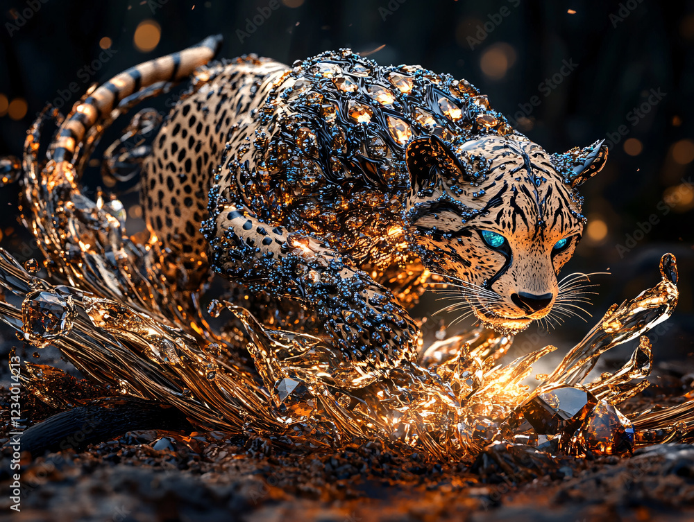 Obraz premium leopard surrounded by sparkling, metallic liquid, creating an ethereal and fantastical scene with a warm, golden glow. The leopard's eyes are glowing, adding to the surreal and magical atmosphere.
