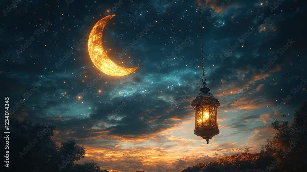 Naklejka premium Night Sky Serenity: Crescent Moon, Lantern, and Starry Night