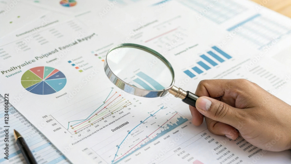 A hand holds a magnifying glass over financial graphs and charts, emphasizing data analysis and detailed examination of statistics. A hand holds a magnifying glass over financial graphs and charts, emphasizing data analysis and detailed examination of statistics.