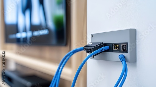 Wall mounted internet and cable outlet with cables.
