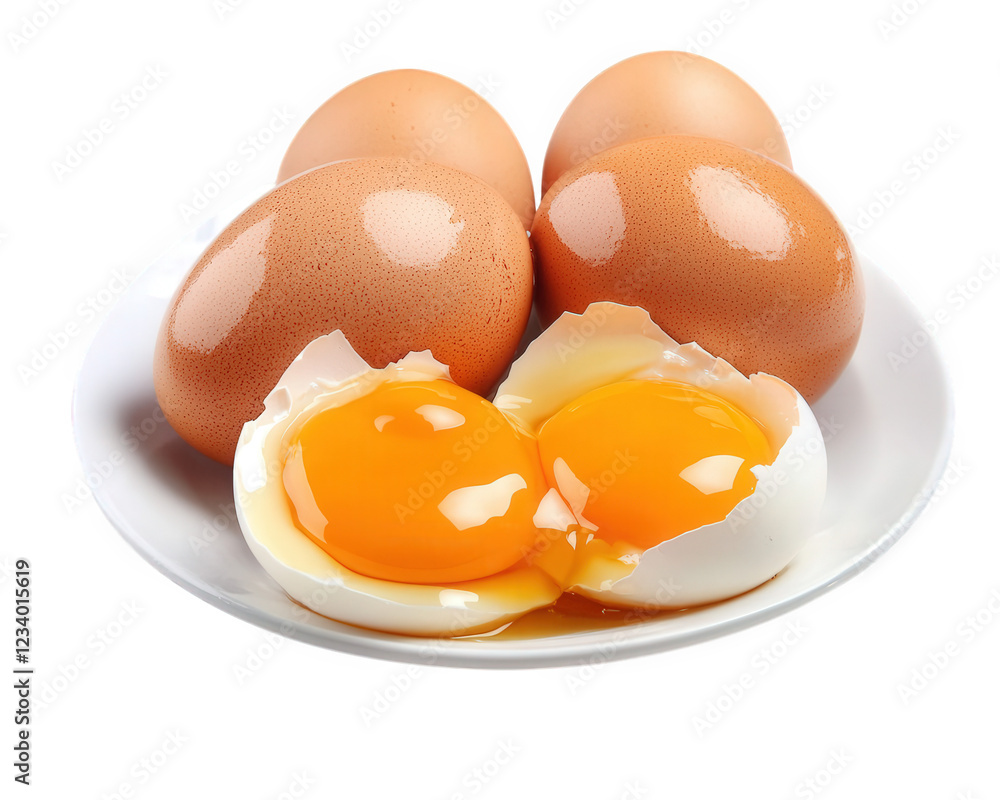 Fresh eggs on plate, with two cracked open showing bright yolks and whites. Perfect for breakfast or cooking Fresh eggs on plate, with two cracked open showing bright yolks and whites. Perfect for breakfast or cooking