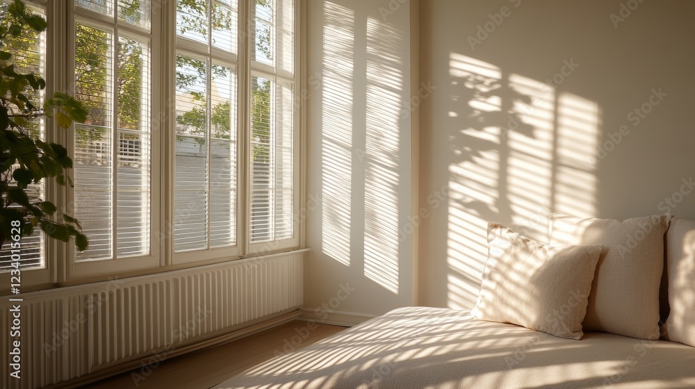 Soft sunlight streams through a window, casting soothing patterns of light and shadow across a serene, cozy bedroom space. Soft sunlight streams through a window, casting soothing patterns of light and shadow across a serene, cozy bedroom space.