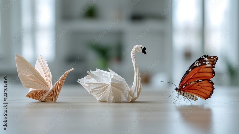 Fototapeta premium Origami swan and crane face a vibrant butterfly on a soft-focus table, harmonizing nature with delicate artistry.