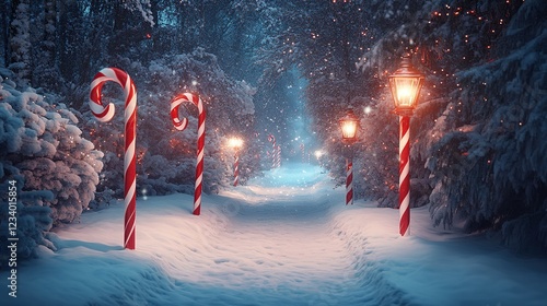Enchanting Candy Cane Lane, Snowy Forest, Christmas Lights, Winter Wonderland, Holiday Card