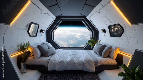 Fototapeta Naklejka Na Ścianę i Meble -  Futuristic spaceship bedroom with a large window offering a stunning view of Earth. The room features a comfortable bed, plants, and ambient lighting, creating a serene atmosphere.