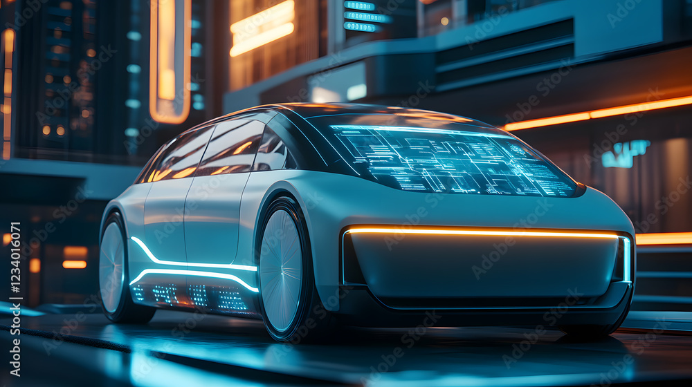 Futuristic self-driving car with a transparent digital display on its roof, cruising through a vibrant neon-lit city at night. Sleek design and advanced technology are highlighted. Futuristic self-driving car with a transparent digital display on its roof, cruising through a vibrant neon-lit city at night. Sleek design and advanced technology are highlighted.