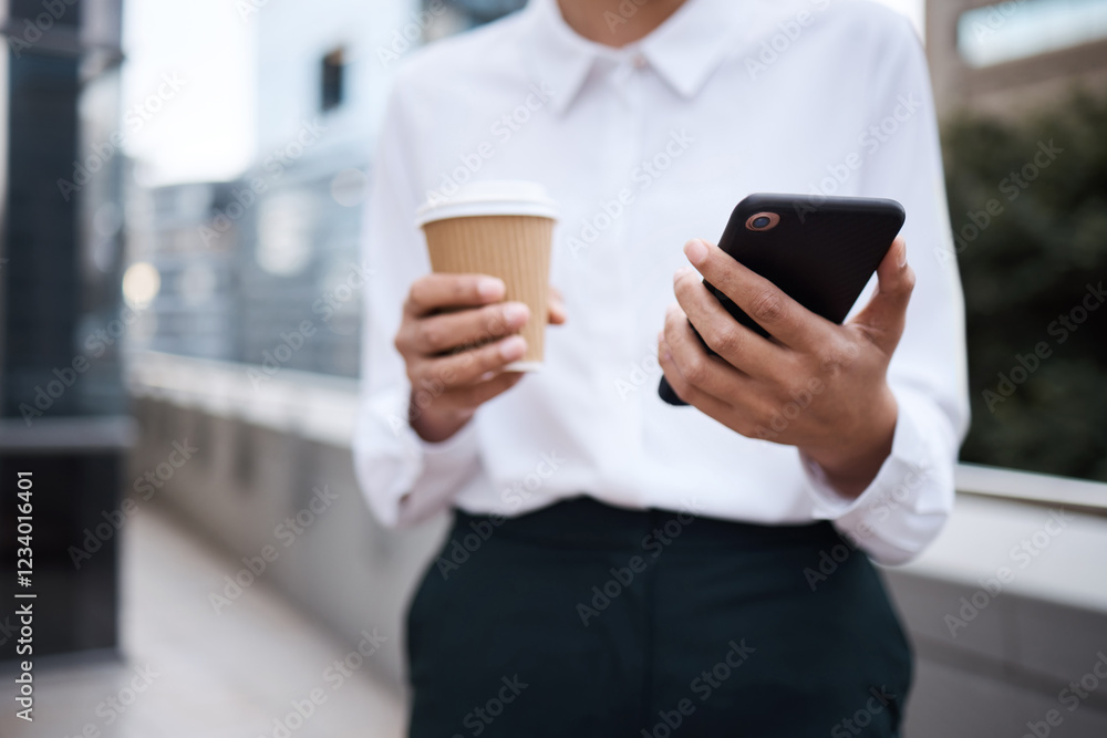 Hands, coffee or businesswoman in city with phone or online connection for text message or social media chat. Lawyer, balcony or legal advisor typing on mobile app for news, schedule or notification Hands, coffee or businesswoman in city with phone or online connection for text message or social media chat. Lawyer, balcony or legal advisor typing on mobile app for news, schedule or notification