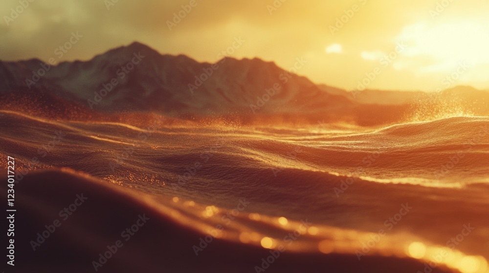 Naklejka premium Fiery sunlight dances across ocean waves, casting trails of golden light on the water's surface in a mesmerizing display.