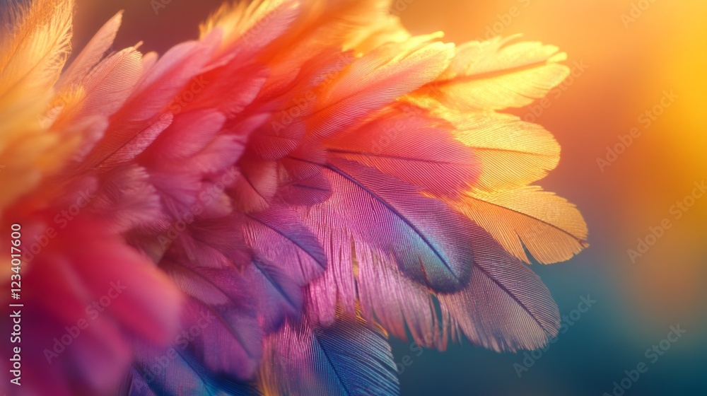 Vibrant abstract feathers in pink, orange, and yellow hues, backlit by warm light, creating a dreamy texture. Vibrant abstract feathers in pink, orange, and yellow hues, backlit by warm light, creating a dreamy texture.
