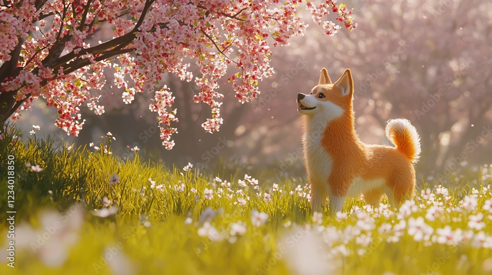 Fototapeta premium Happy Shiba Inu Dog Under Cherry Blossom Tree