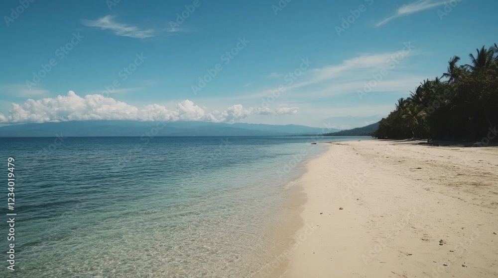 Fototapeta premium Serene tropical beach with white sand, clear turquoise water, and lush green vegetation under a vibrant blue sky.
