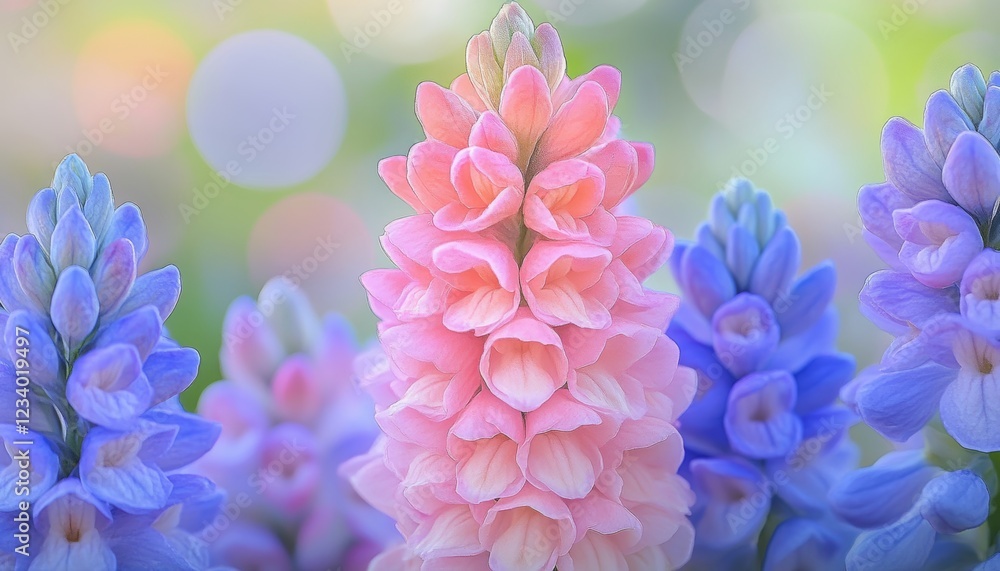 Fototapeta premium Spindly Pastel Lupins in a Sunny Meadow A Vibrant Floral Display in Pink, Purple, and Blue Tones