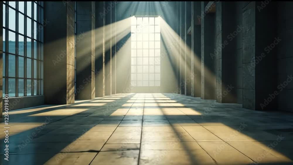 Sunbeams cast through large cathedral windows creating a dramatic play of light and shadows Sunbeams cast through large cathedral windows creating a dramatic play of light and shadows