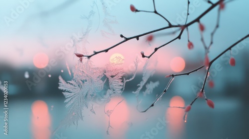 Silhouetted branches reach towards the pale glow of frost-etched window, as the daybreak casts a pinkish hue over the wintry scene, a blend of warmth and cold. photo