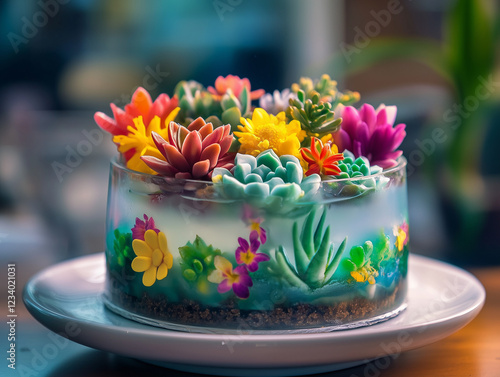 Terrarium cake with a transparent gelatin layer imitating glass, filled with edible succulents and vibrant flowers photo