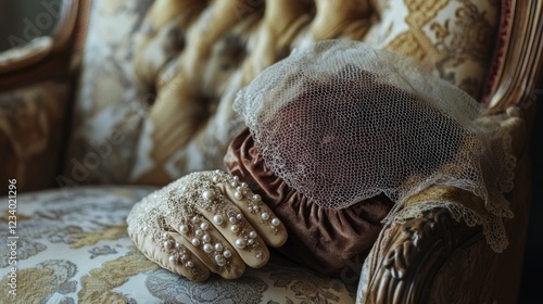 A delicate vintage glove adorned with pearls and lace lies on a luxurious chair, evoking a bygone era of elegance and grace. photo