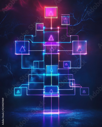 A vibrant digital tree structure with glowing, colorful boxes and triangular icons, set against a dark, atmospheric background.