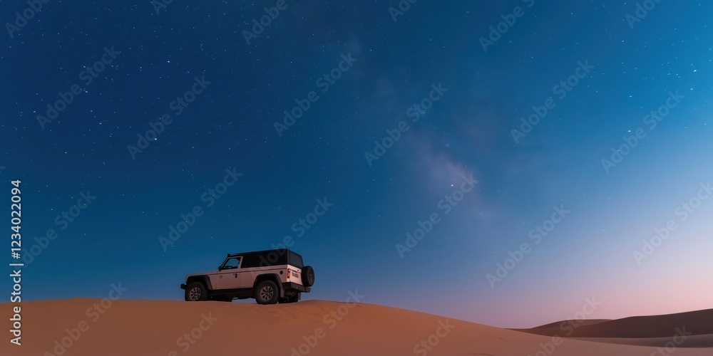 Fototapeta premium A parked expedition vehicle atop a towering sand dune under a mesmerizing night sky