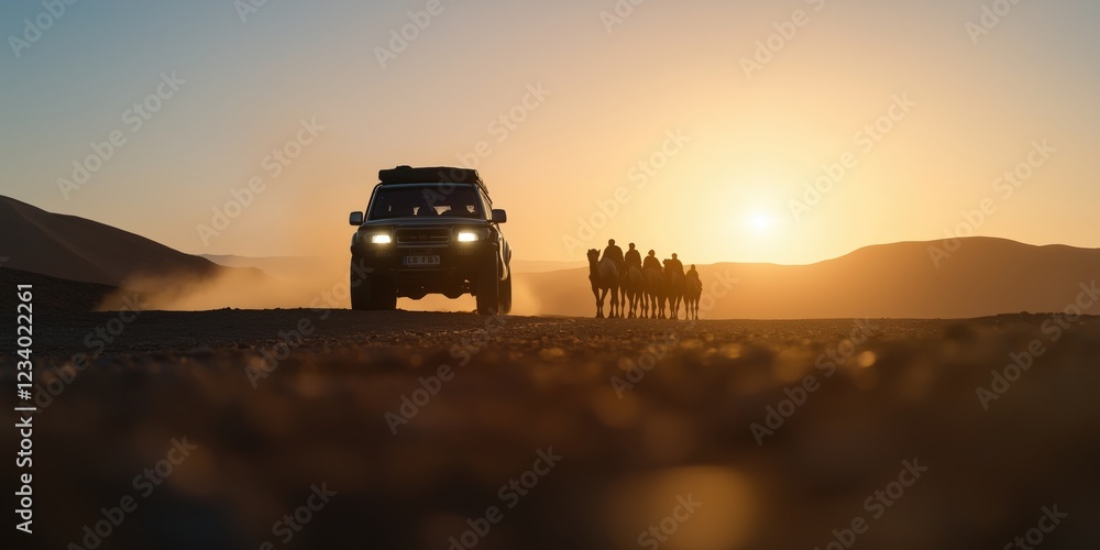 Fototapeta premium A rugged 4x4 expedition vehicle driving alongside a camel caravan led by nomadic Berber traders