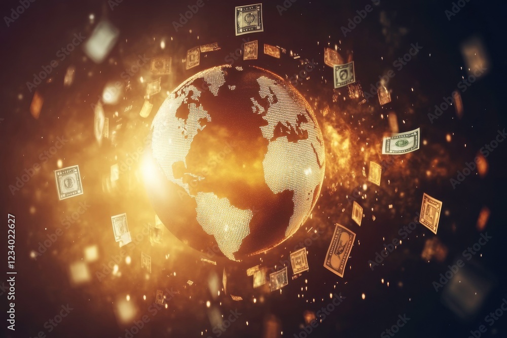 Fototapeta premium A glowing globe surrounded by floating dollar bills, symbolizing global finance and wealth in a digital age.