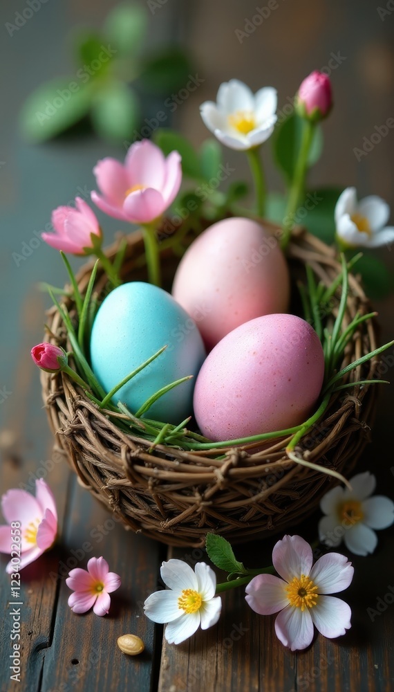 Pastel painted eggs nestled in spring blooms on rustic wood , colorful eggs, springtime Pastel painted eggs nestled in spring blooms on rustic wood , colorful eggs, springtime