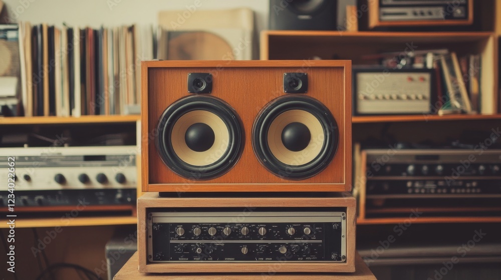 Fototapeta premium Vintage stereo system with speakers and amplifier in a home music room.