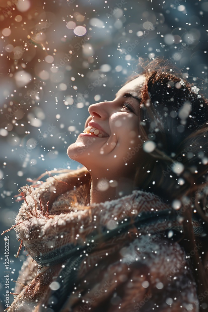 Obraz premium A young beautiful girl rejoice to snow