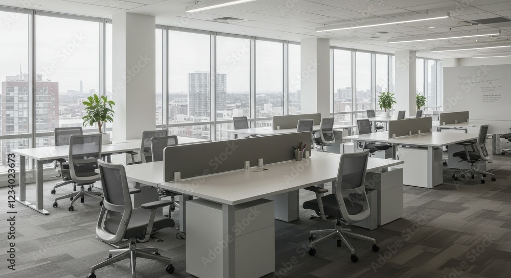Modern Office Interior with Desks and Chairs in Open Workspace Setting Modern Office Interior with Desks and Chairs in Open Workspace Setting
